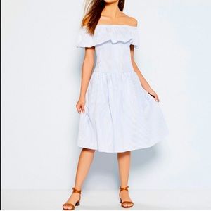 LAUREN RL, STRIPED OFF-THE-SHOULDER DRESS IN WHITE/BLUE, Size 12, NEW w/ Tags